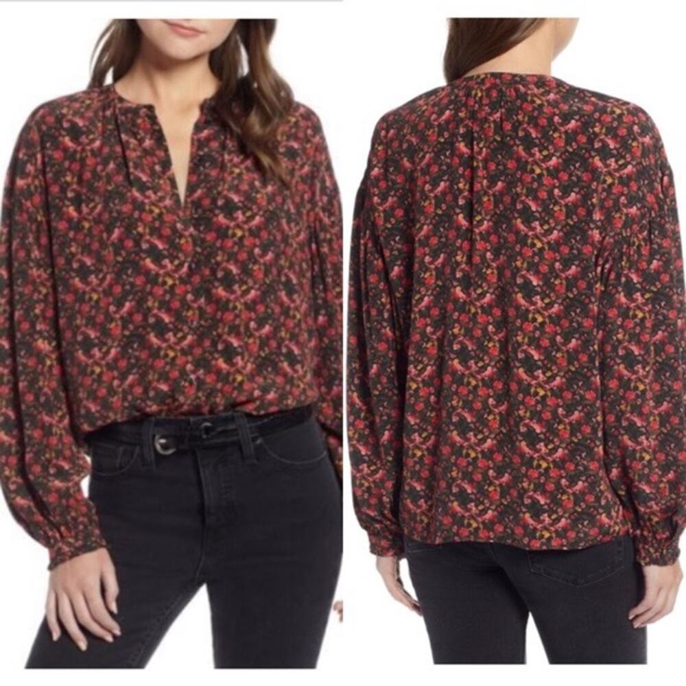 Something Navy Floral Split Neck Long Sleeve Blouse